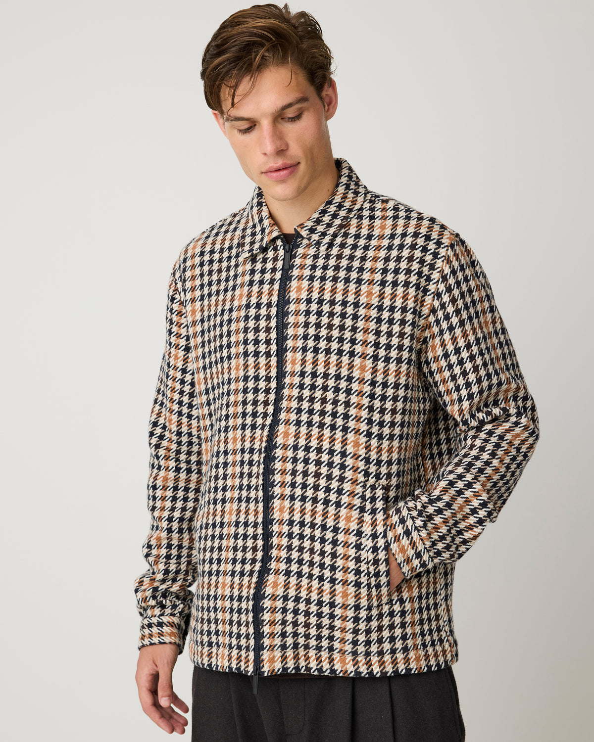 Houndtooth zip overshirt - Dark Brown check