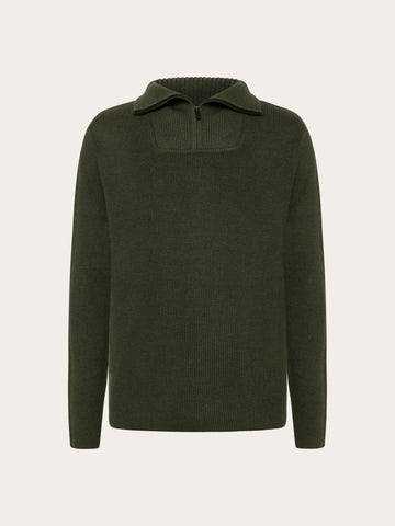 KnowledgeCotton Apparel - MEN 1/2 neck zip merino wool rib knit Knits 1068 Burned Olive