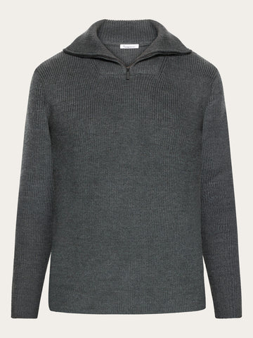 KnowledgeCotton Apparel - MEN 1/2 neck zip merino wool rib knit Knits 1073 Dark Grey Melange