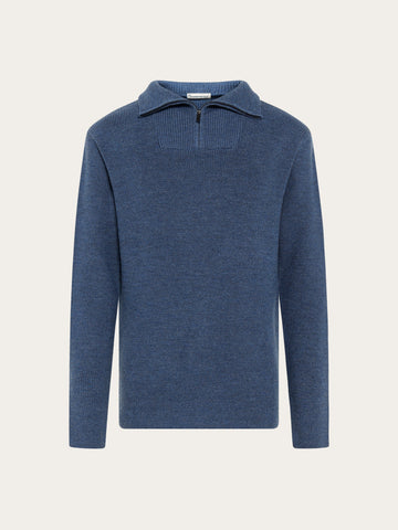 KnowledgeCotton Apparel - MEN 1/2 neck zip merino wool rib knit Knits 1226 Vintage Indigo