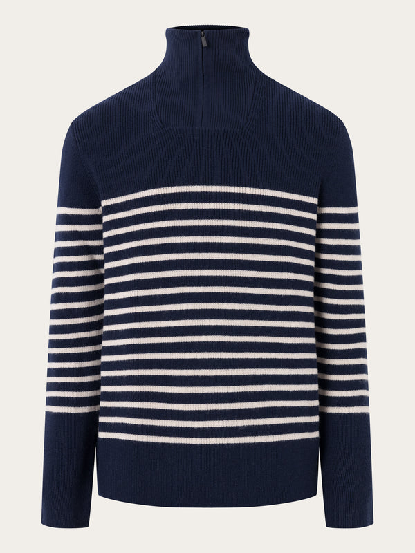 KnowledgeCotton Apparel - MEN 1/2 neck zip merino wool rib knit Knits 8021 Blue stripe