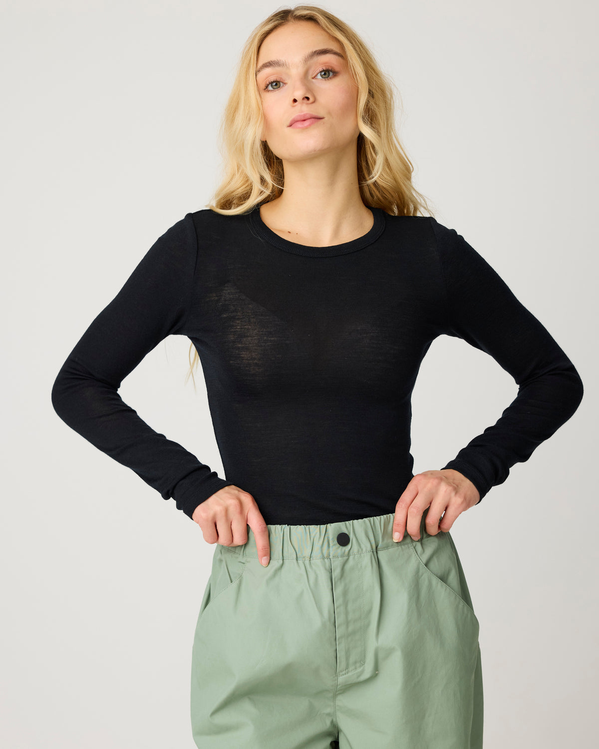 Merino rib long sleeve t-shirt - Black Jet