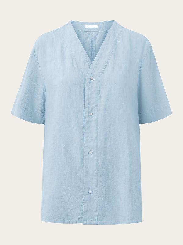 KnowledgeCotton Apparel - WMN Baseball linen short sleeved shirt Shirts 1322 Asley Blue