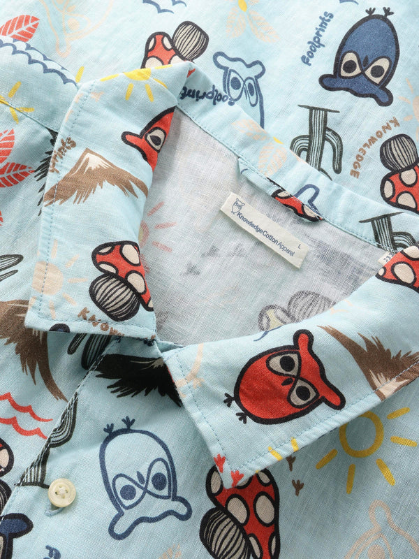 KnowledgeCotton Apparel - MEN Box short sleeve AOP linen shirt - GOTS/Vegan Shirts 1480 Aqua-Esque