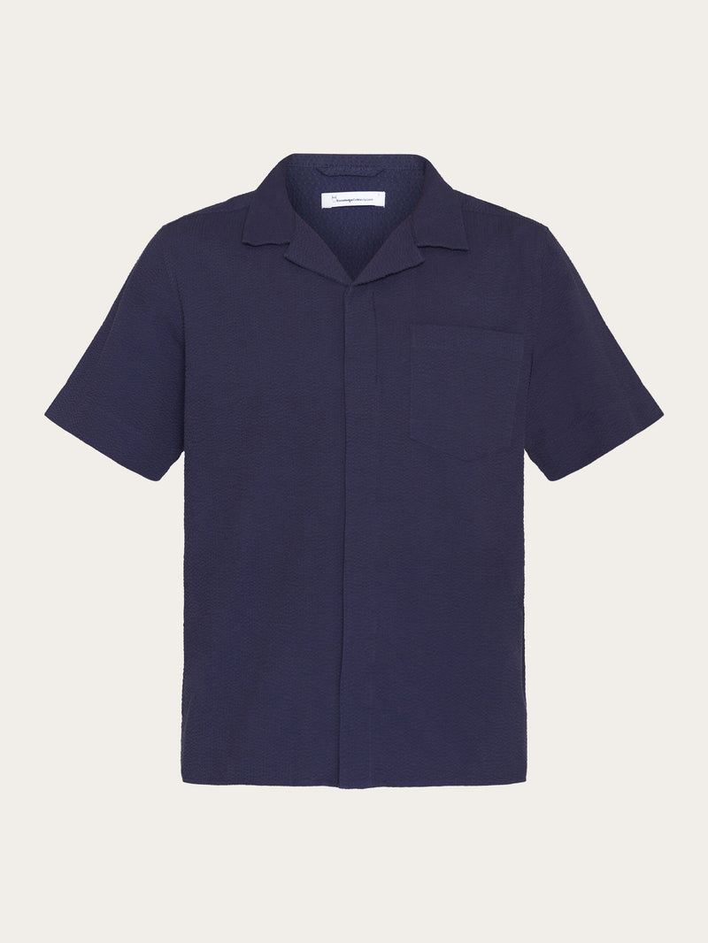 KnowledgeCotton Apparel - MEN Box short sleeve seersucker shirt GOTS/Vegan Shirts 1412 Night Sky