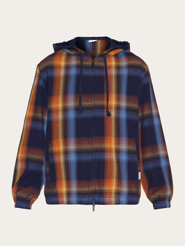 KnowledgeCotton Apparel - MEN Checked hoodie twill zipper jacket -GOTS/Vegan Jackets 7021 blue check