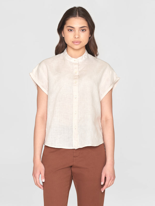 KnowledgeCotton Apparel - WMN Collar stand short sleeve linen shirt Shirts 1228 Light feather gray