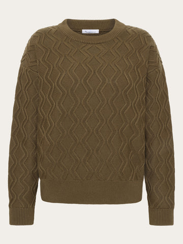 KnowledgeCotton Apparel - WMN Cotton cable crew neck - Regenerative Organic Certified® - GOTS/Vegan Knits 1100 Dark Olive