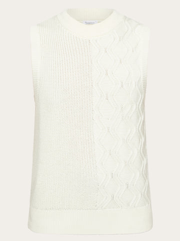 KnowledgeCotton Apparel - WMN Cotton cable crew neck vest - Regenerative Organic Certified® - GOTS/Vegan Knits 1387 Egret