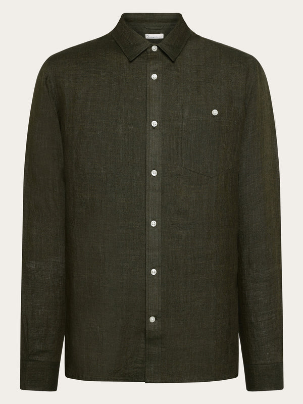 KnowledgeCotton Apparel - MEN Custom fit linen shirt Shirts 1068 Burned Olive