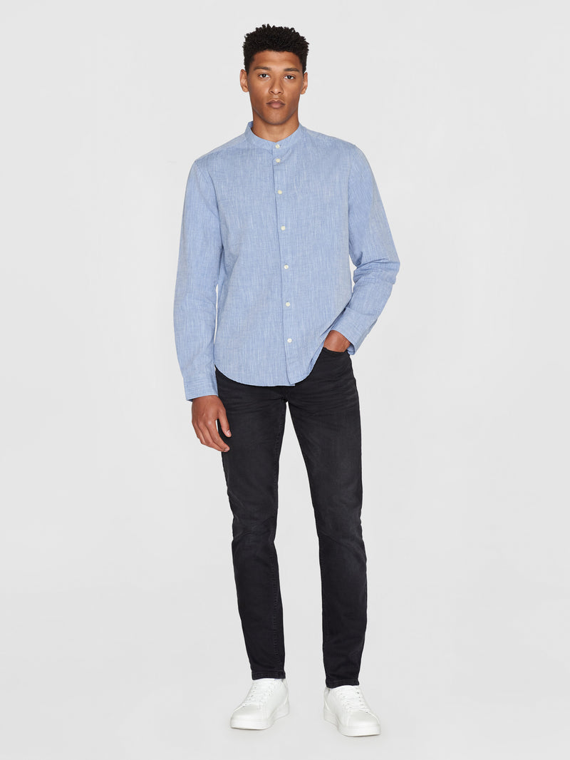 KnowledgeCotton Apparel - MEN Custom fit linen stand collar shirt Shirts 1432 Moonlight Blue