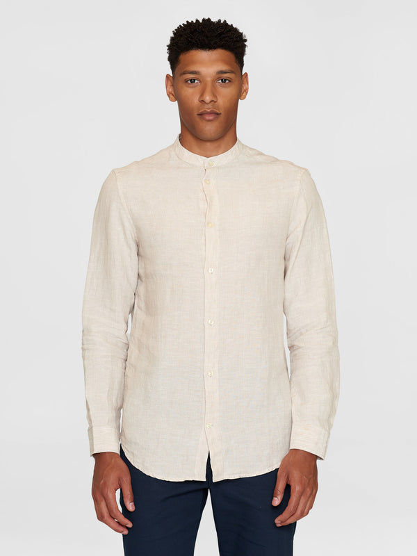 KnowledgeCotton Apparel - MEN Custom fit linen stand collar shirt Shirts 1449 Yarndyed - Light feather gray
