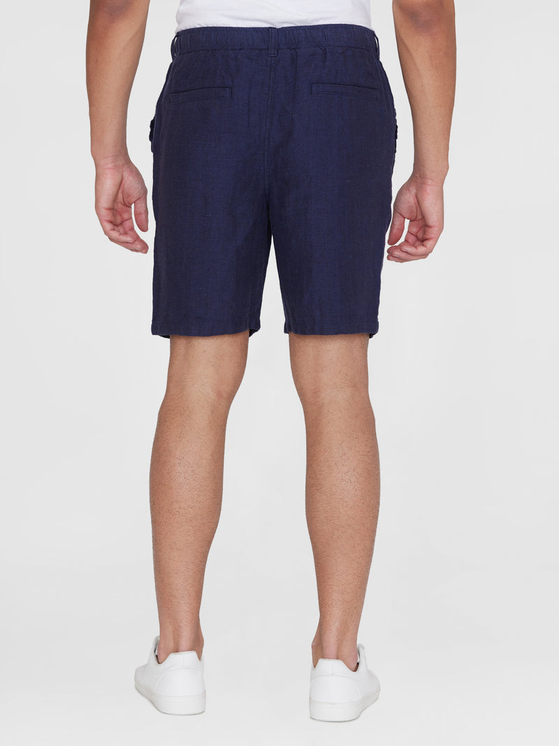 KnowledgeCotton Apparel - MEN FIG loose herringbone linen elastic waist shorts - GOTS/Vegan Shorts 1001 Total Eclipse