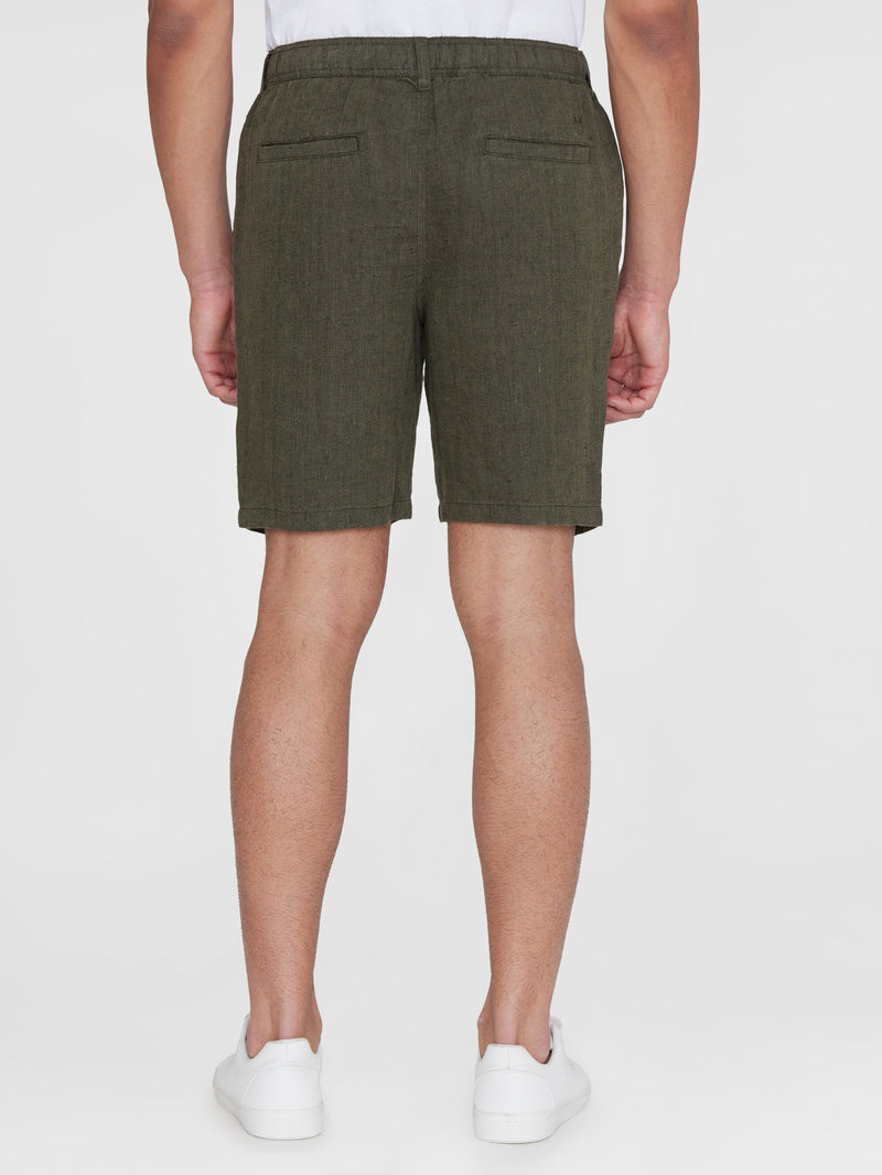 KnowledgeCotton Apparel - MEN FIG loose herringbone linen elastic waist shorts - GOTS/Vegan Shorts 1068 Burned Olive