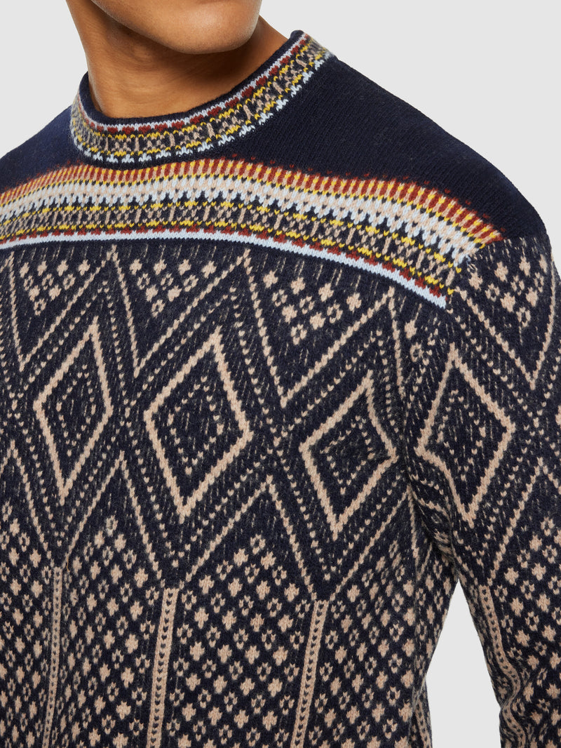 KnowledgeCotton Apparel - MEN Fair Isle crew neck lambswool knit - RWS Knits 9921 Blue