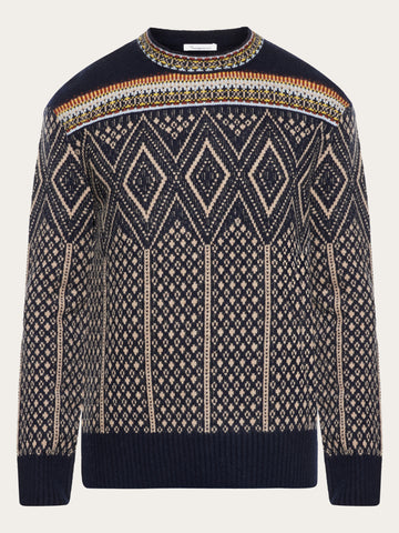 KnowledgeCotton Apparel - MEN Fair Isle crew neck lambswool knit - RWS Knits 9921 Blue