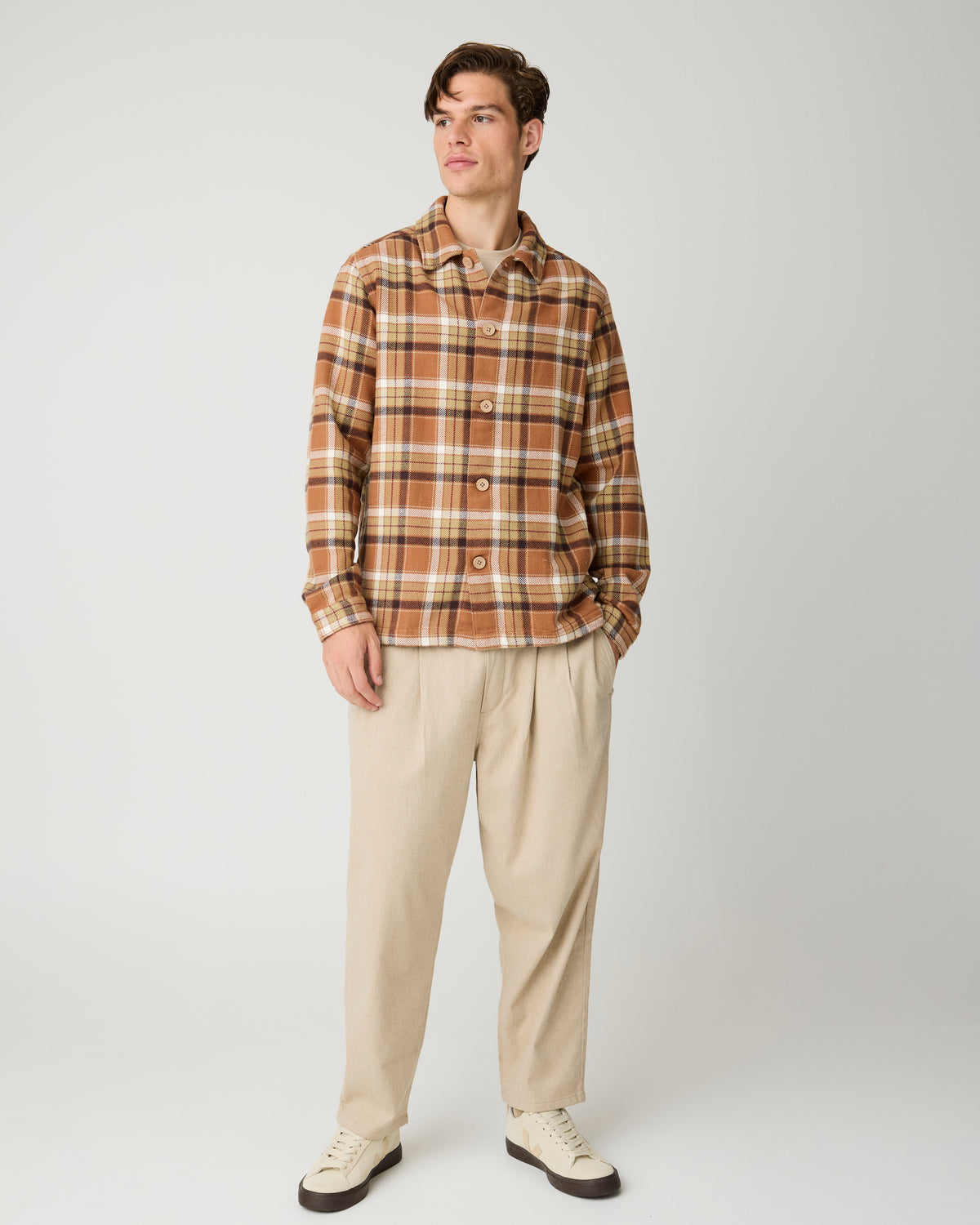 KnowledgeCotton Apparel - MEN Flannel check overshirt Overshirts 7030 Beige check