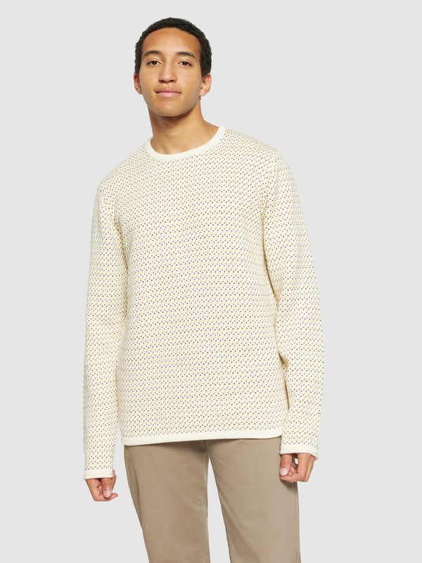 KnowledgeCotton Apparel - MEN Jacquard crew neck knit - Regenerative Organic Certified® - GOTS/Vegan Knits 9920 White