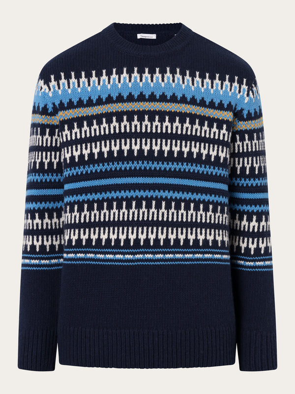 KnowledgeCotton Apparel - MEN Knitted pattern crew neck Knits 8021 Blue stripe
