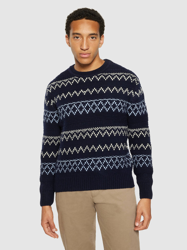 KnowledgeCotton Apparel - MEN Knitted pattern crew neck - RWS Knits 8021 Blue stripe