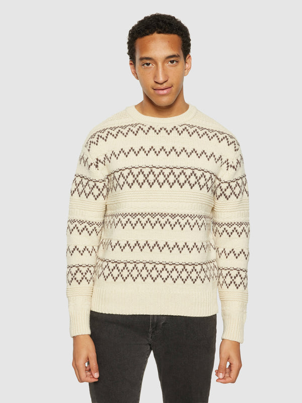 KnowledgeCotton Apparel - MEN Knitted pattern crew neck - RWS Knits 8030 Beige stripe