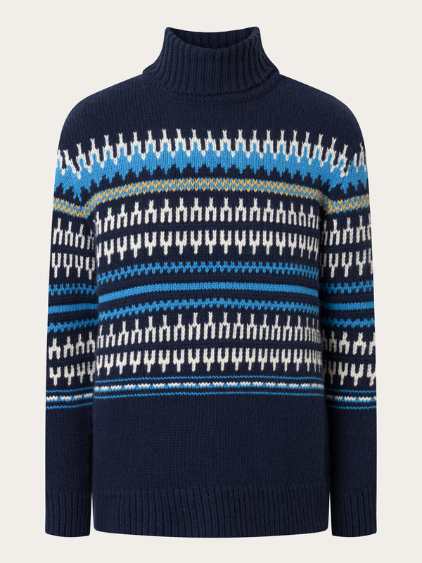 KnowledgeCotton Apparel - MEN Knitted pattern roll neck Knits 8021 Blue stripe