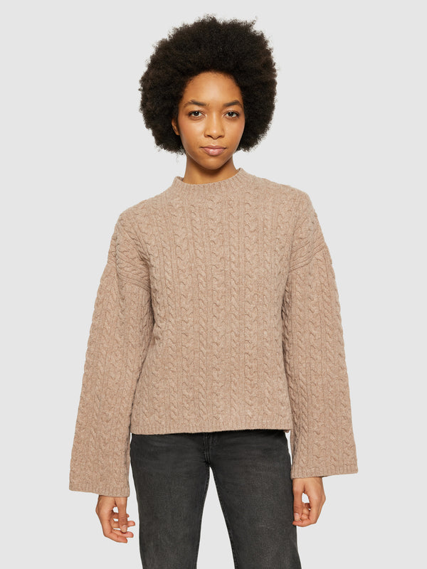 KnowledgeCotton Apparel - WMN Lambswool cable crew neck - RWS Knits 1336 Kelp melange