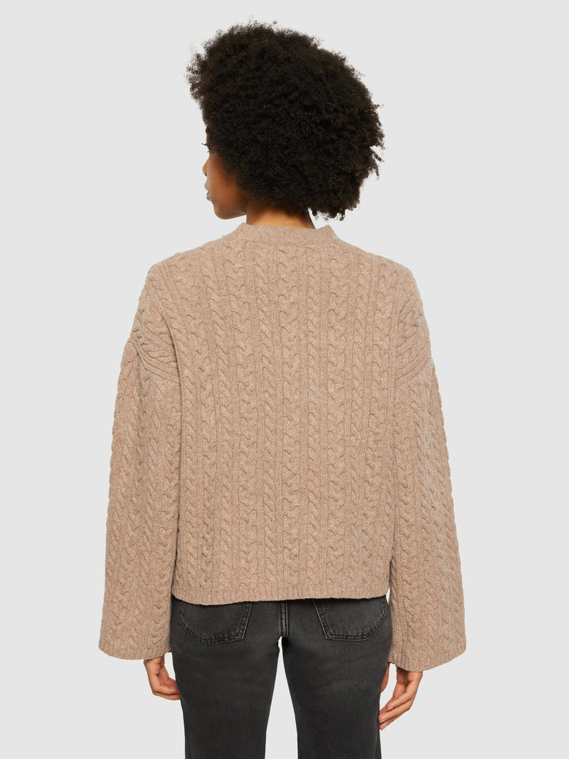 KnowledgeCotton Apparel - WMN Lambswool cable crew neck - RWS Knits 1336 Kelp melange