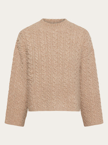 KnowledgeCotton Apparel - WMN Lambswool cable crew neck - RWS Knits 1336 Kelp melange