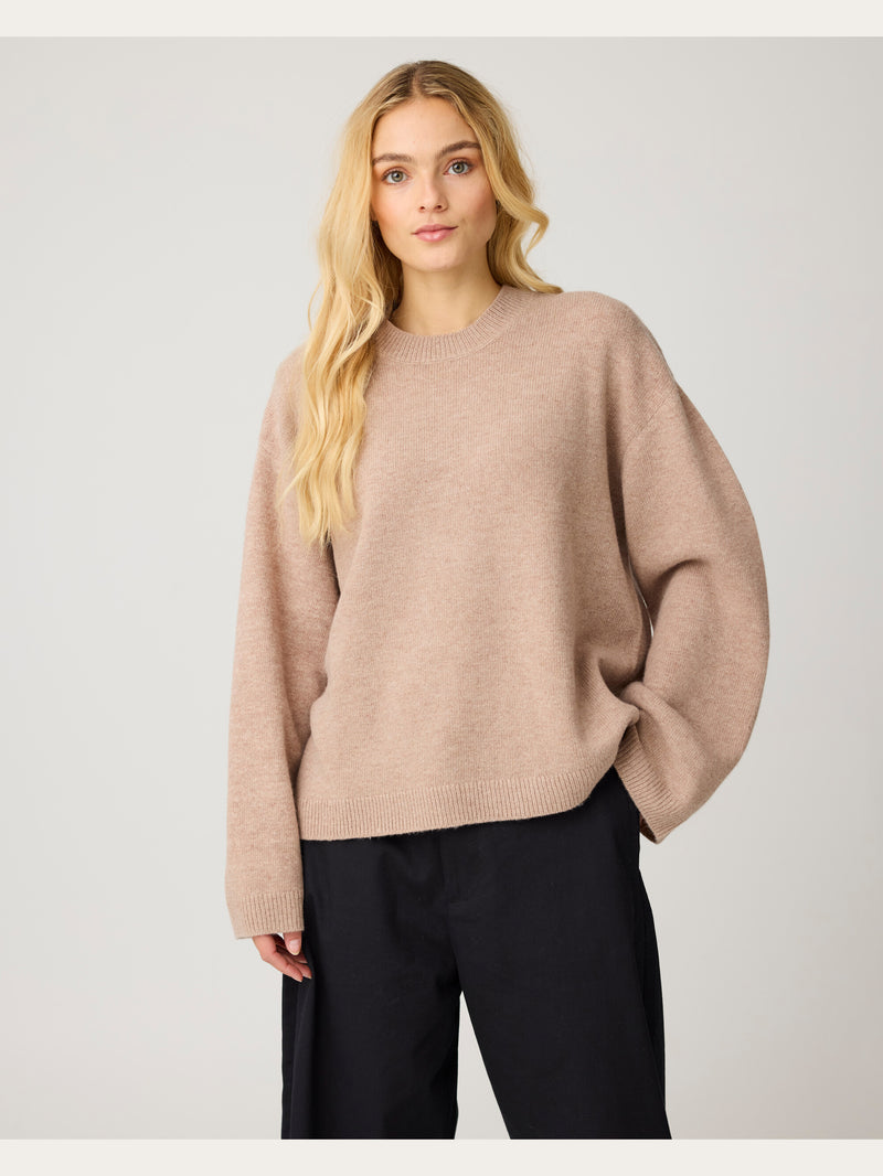 KnowledgeCotton Apparel - WMN Lambswool crew neck sweater Knits 1336 Kelp melange