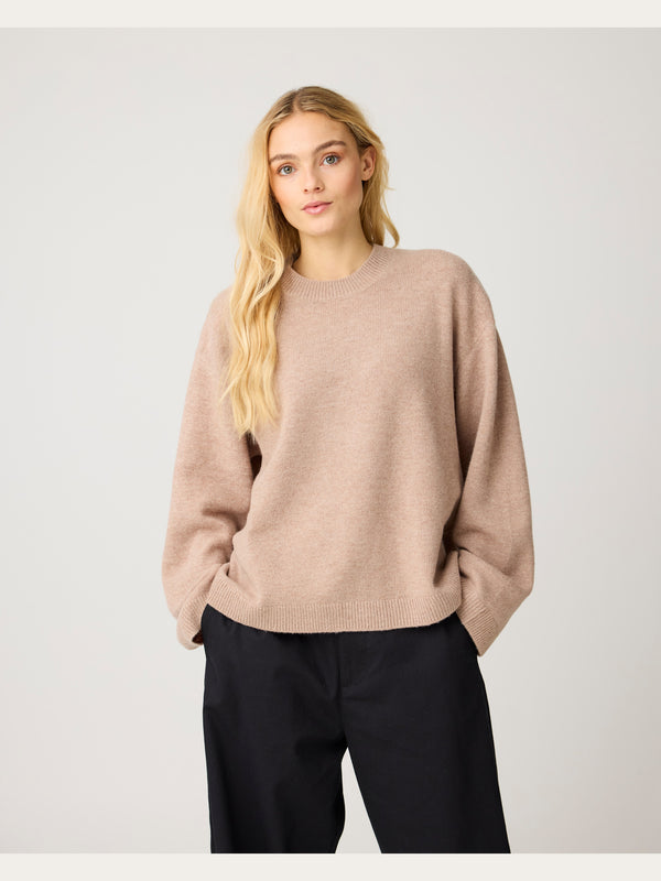 KnowledgeCotton Apparel - WMN Lambswool crew neck sweater Knits 1336 Kelp melange