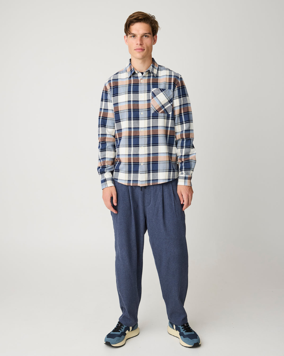 KnowledgeCotton Apparel - MEN Light flannel checkered costum fit shirt Shirts 7036 Navy