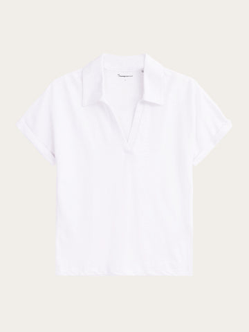 KnowledgeCotton Apparel - WMN Linen split neck polo T-shirts 1010 Bright White