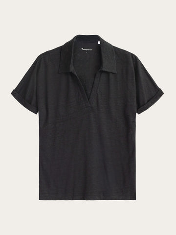 KnowledgeCotton Apparel - WMN Linen split neck polo T-shirts 1300 Black Jet
