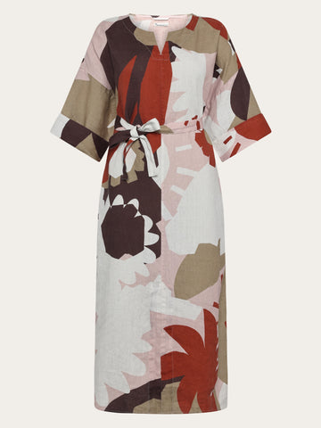 KnowledgeCotton Apparel - WMN Linen v-neck print dress Dresses 9932 Multi color AOP