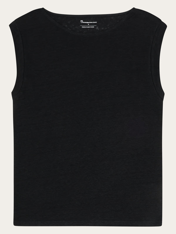 KnowledgeCotton Apparel - WMN Loose fold up linen t-shirt T-shirts 1300 Black Jet