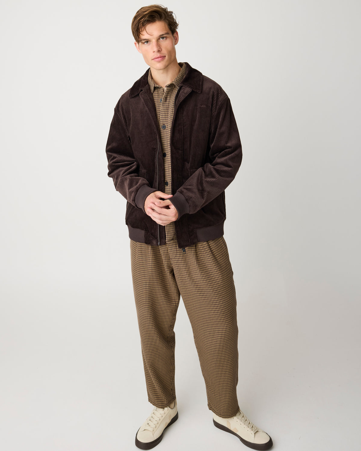 KnowledgeCotton Apparel - MEN Loose houndtooth overshirt Overshirts 7035 Dark Brown check