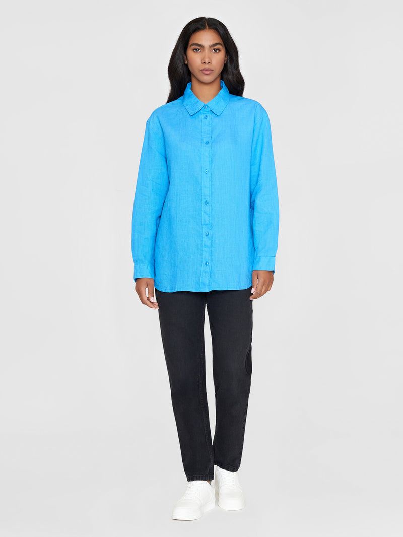 KnowledgeCotton Apparel - WMN Loose linen long sleeved shirt - GOTS/Vegan Shirts 1445 Malibu Blue