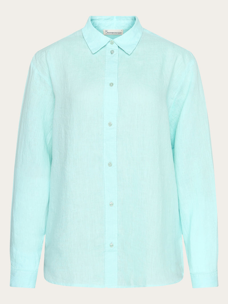 KnowledgeCotton Apparel - WMN Loose linen long sleeved shirt - GOTS/Vegan Shirts 1480 Aqua-Esque