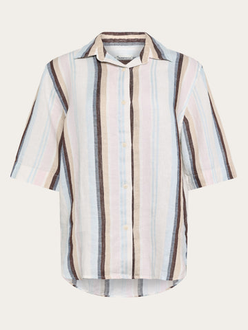 KnowledgeCotton Apparel - WMN Loose linen short sleeve shirt Shirts 8032 Multi color stripe