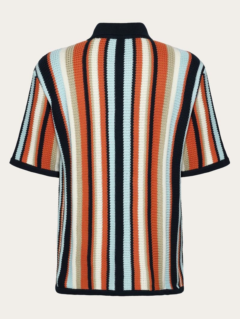 KnowledgeCotton Apparel - MEN Loose short sleeve striped knitted shirt - Regenerative Organic Certified™ - GOTS/Vegan Knits 8021 Blue stripe