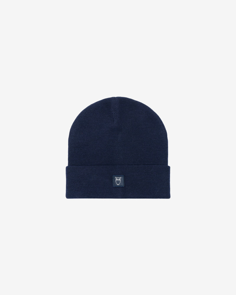 KnowledgeCotton Apparel - UNI Merino double layer badge beanie Hats 1001 Total Eclipse