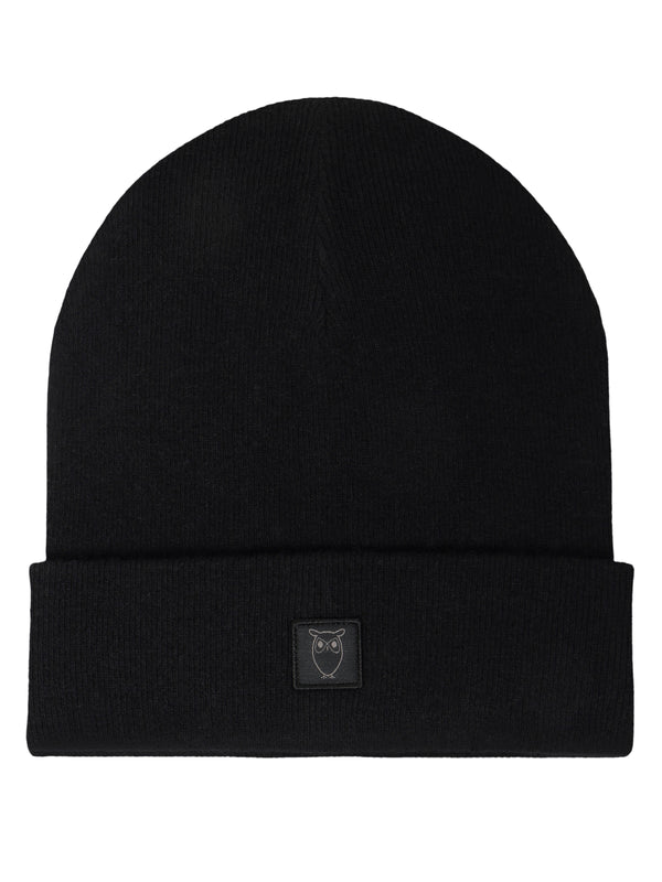 KnowledgeCotton Apparel - UNI Merino double layer badge beanie Hats 1300 Black Jet