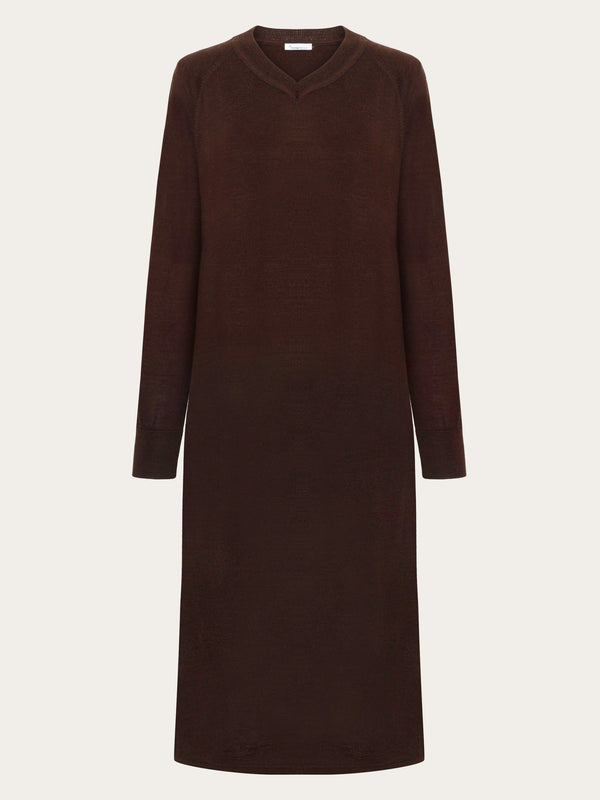 KnowledgeCotton Apparel - WMN Merino mid length v-neck dress - RWS Dresses 1243 Demitasse (brown)