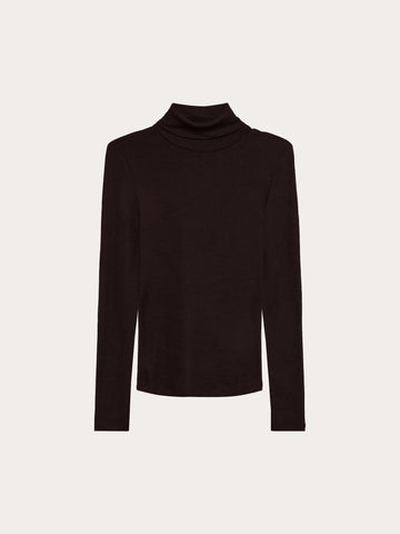 KnowledgeCotton Apparel - WMN Merino rib long sleeve roll-neck Long Sleeves 1487 Chocolate Torte