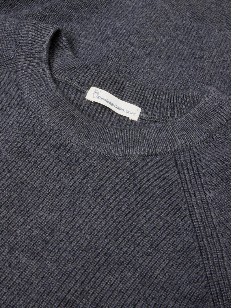 KnowledgeCotton Apparel - MEN O-neck merino wool rib knit Knits 1073 Dark Grey Melange