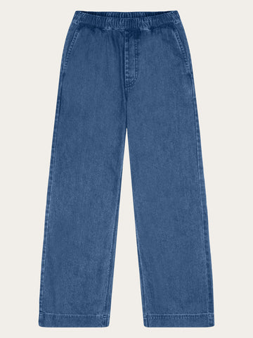 KnowledgeCotton Apparel - WMN POSEY wide mid-rise elastic waistband denim pant - GOTS/Vegan Pants 3059 Dark Blue denim