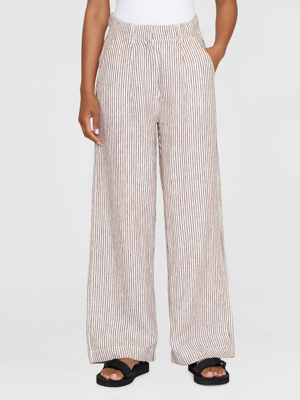 KnowledgeCotton Apparel - WMN POSEY wide mid-rise striped linen pants - GOTS/Vegan Pants 8026 Brown stripe