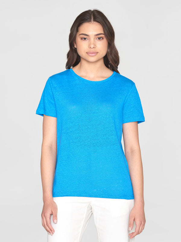 KnowledgeCotton Apparel - WMN Reg linen t-shirt T-shirts 1445 Malibu Blue
