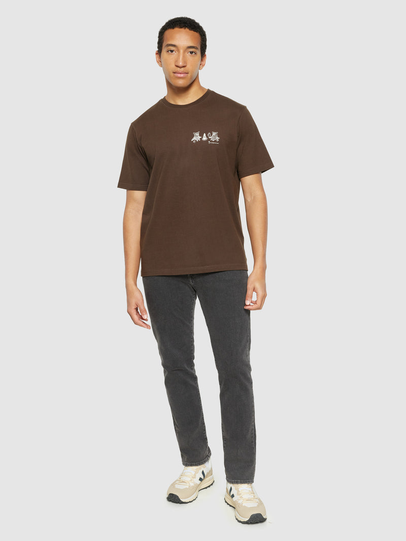 KnowledgeCotton Apparel - MEN Regular fit owl trip chest print t-shirt - Regenerative Organic Certified® - GOTS/Vegan T-shirts 1243 Demitasse (brown)